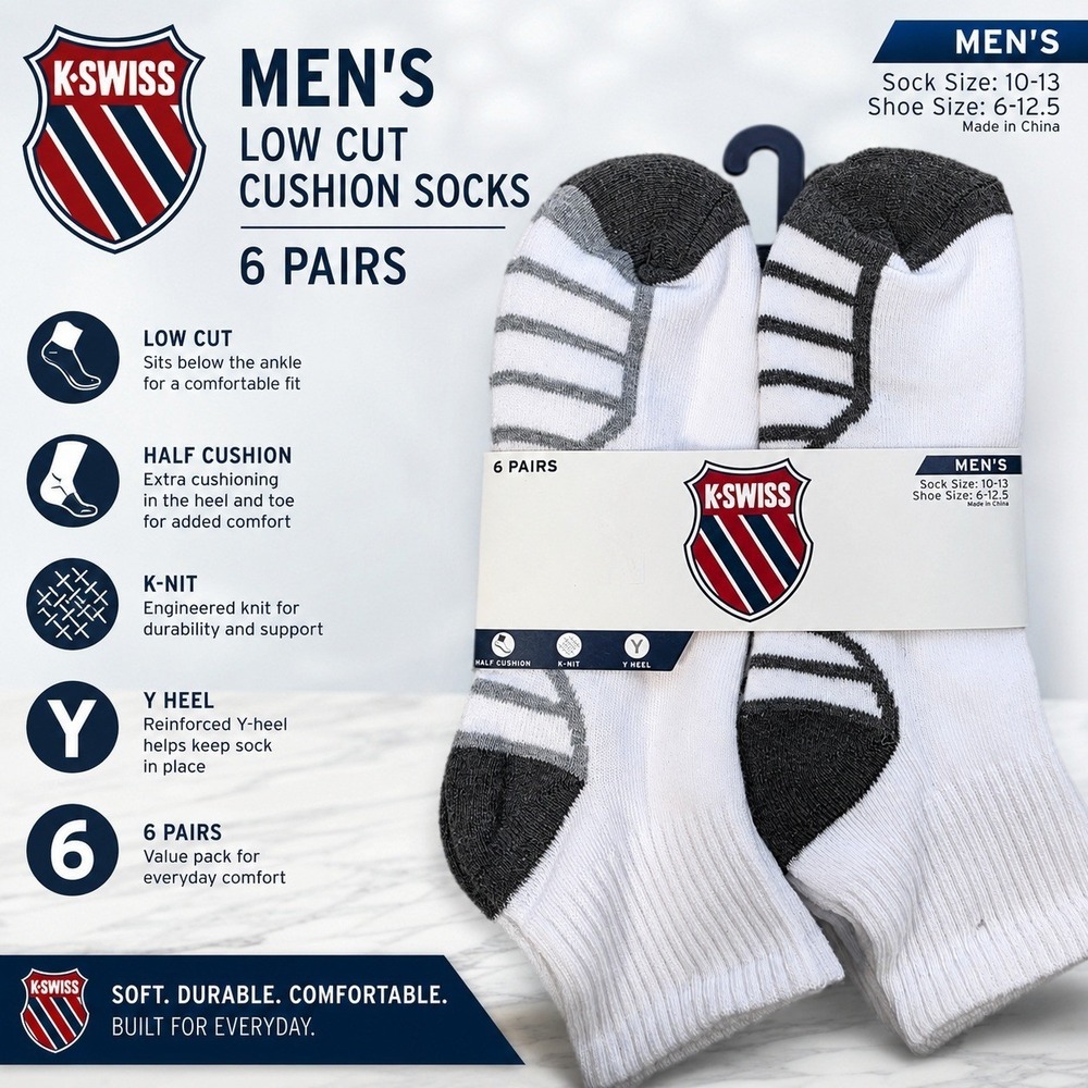 K-Swiss Mens Low Cut Cushion Socks 6 Pairs White Grey Athletic Size 10-13 New